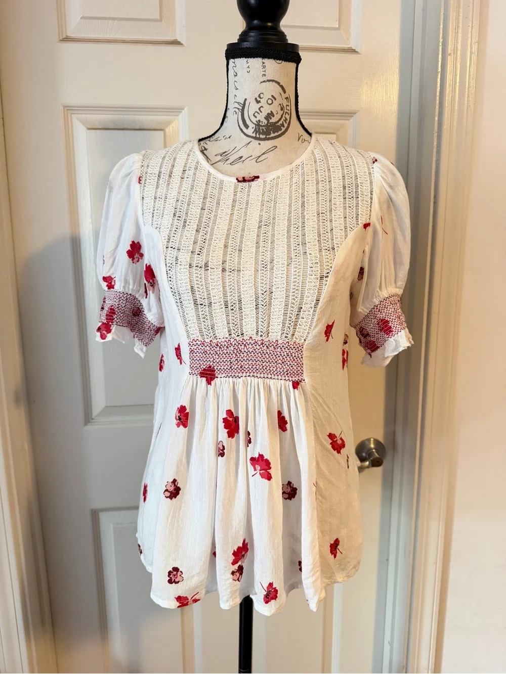 Anthropologie White Peasant Blouse with Red Floral Print